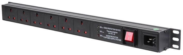 1U 6 Way 13A Mains Sockets to IEC C20 Socket Surge Protected Vertical PDU