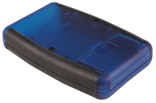 Transparent Blue ABS Handheld Enclosure with Battery Compartment and Black Grip - 147x89x24mm