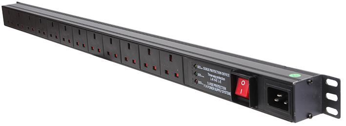 1U 12 Way 13A Mains Sockets to IEC C20 Socket Surge Protected Vertical PDU