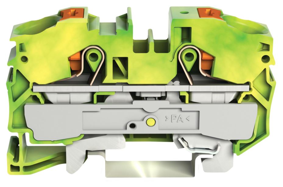 2 Conductor Ground Terminal Block with Push Button and Test Port, 800V, 76A, 20AWG to 6AWG, Green