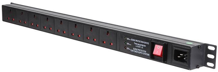 1U 8 Way 13A Mains Sockets to IEC C20 Socket Surge Protected Vertical PDU