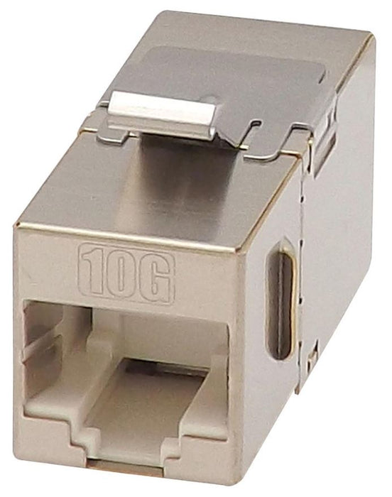 Shielded Cat6a Female to Female Coupler, Silver - Rear Outlet 90° to Front Outlet