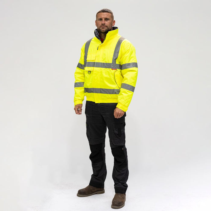 Hi-Visibility Yellow Bomber Jacket With Reflective Bands Each. All Sizes