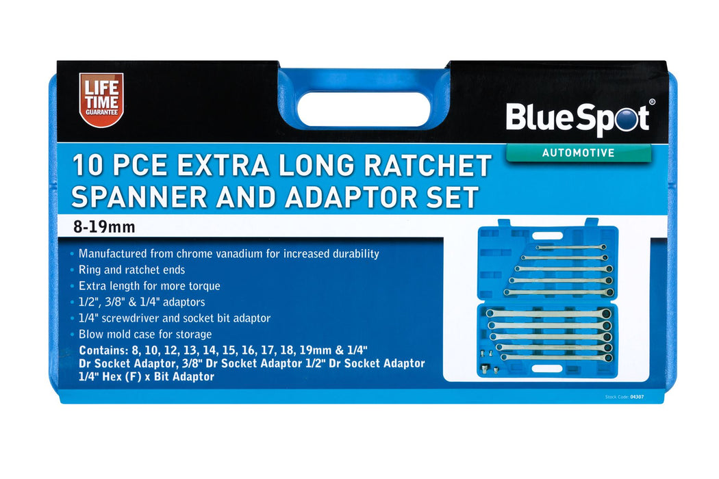 10Pce Extra Long Double Ring Ratchet Spanner Set