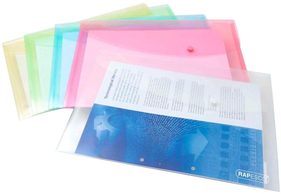 Foolscap / A4 Plastic Popper Document Wallets - Pack of 5 Assorted Pastel Colours