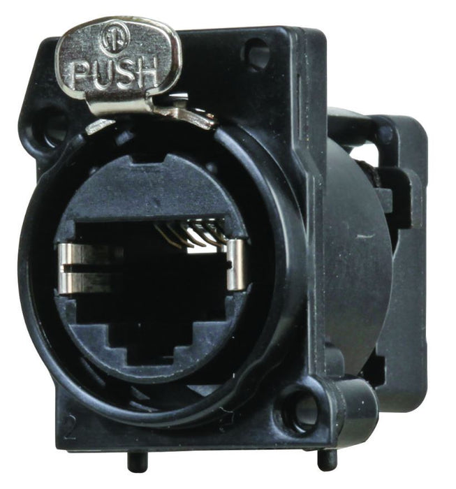 RJ45 Cat5e Vertical PCB Panel Mount Connector, 8P8C, A-series Cutout with Latch Lock, Black Plastic