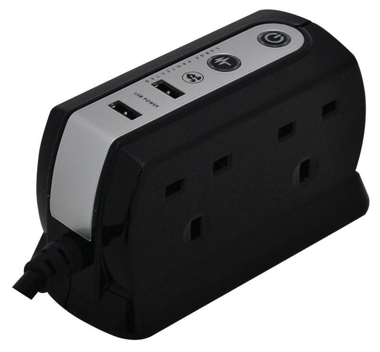 4 Way Surge Protected Extension Lead with 2x USB Sockets, 2m, Black