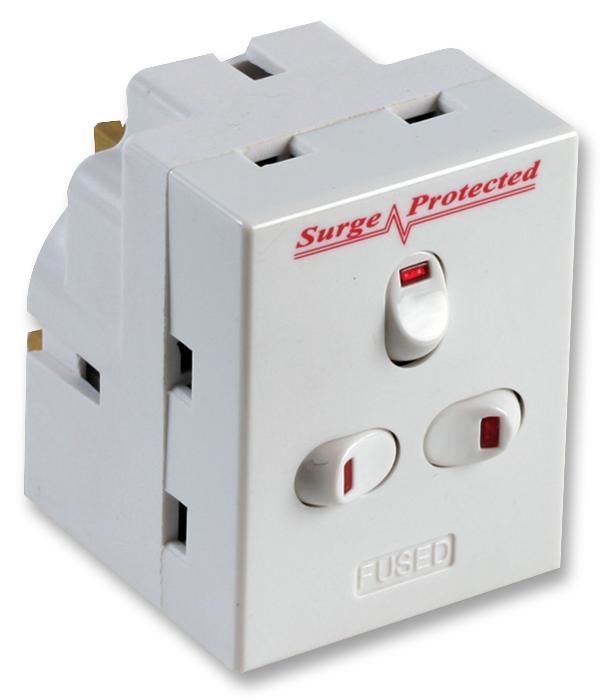 3 Way Switched Surge Protected Plug Adaptor, 13A Fused