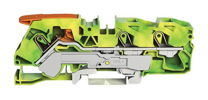 3 Conductor Ground Terminal Block, Push In Cage Clamp with Lever and Test Port, 20AWG to 6AWG, 35mm DIN Rail, Green