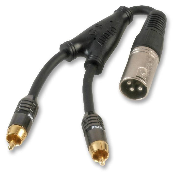 3 Pin XLR Male to 2x Mono Phono (RCA) Male Lead, 250mm Black