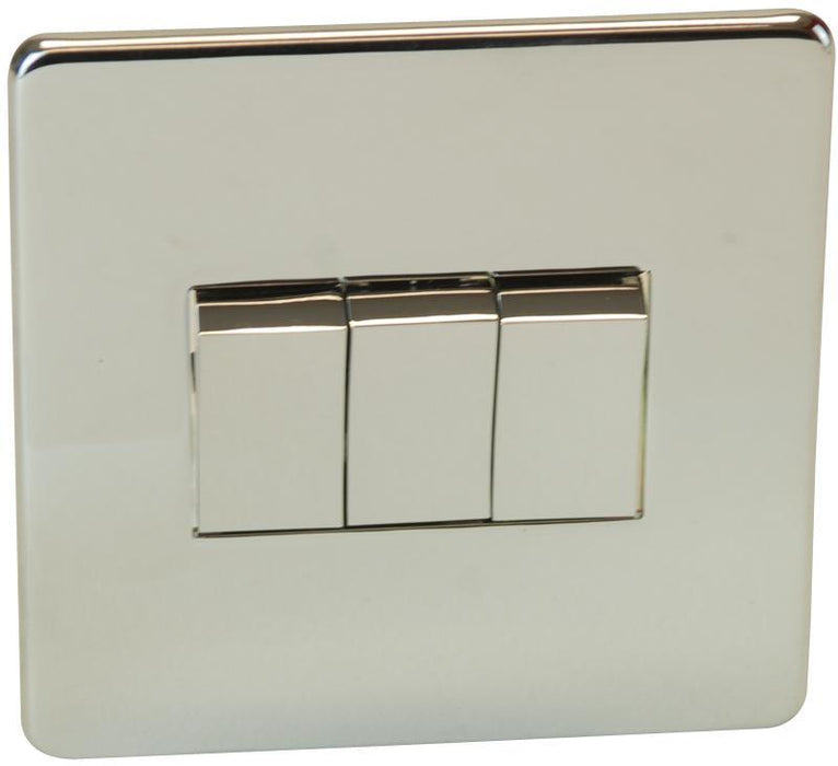 3 Gang 2 Way Light Switch, Polished Chrome