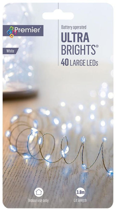 40 LED White Indoor Ultrabrights, Battery Operated, 3.8m