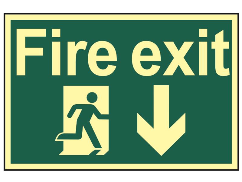 Fire Exit Running Man Arrow Down - Photoluminescent 300 x 200mm