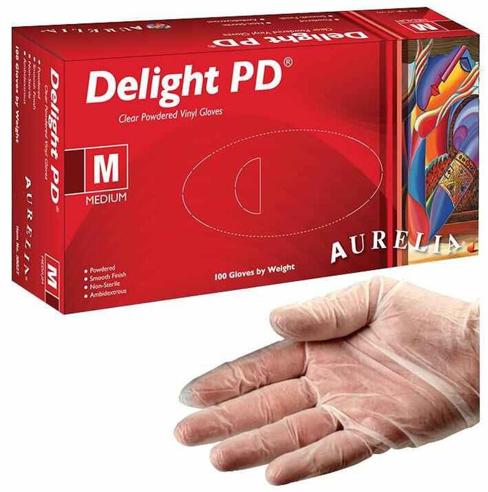 Delight PD Premium Clear Powdered Vinyl Gloves - 100 Pack