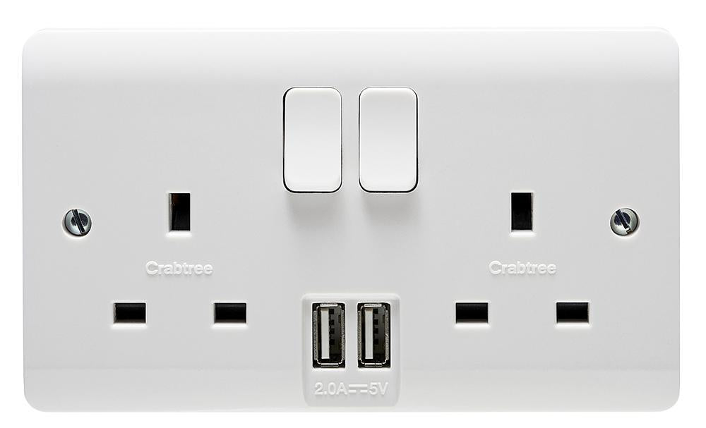 CRABTREE Instinct 2 Gang DP Switched Socket with 2x USB Sockets Dual Earth 13A