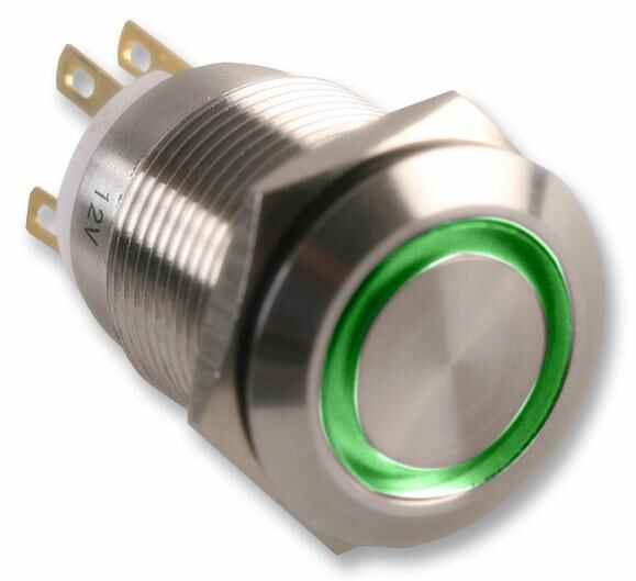 Switch, Vandal Resistant, Momentary, 19mm, Ring, Green