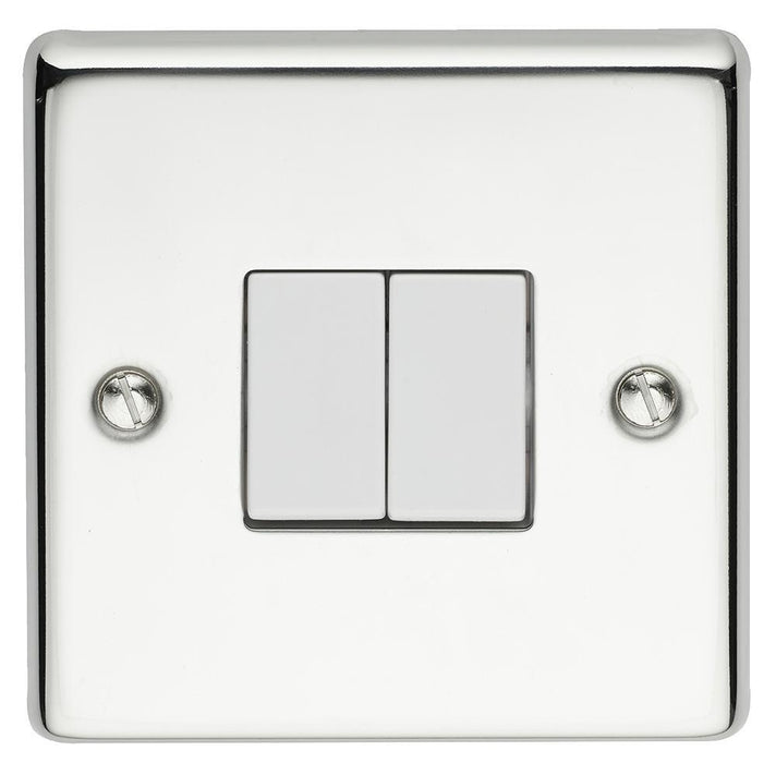 VOLEX - 2 Gang 2 Way 10AX Angled Edge Light Switch, Polished Chrome / White