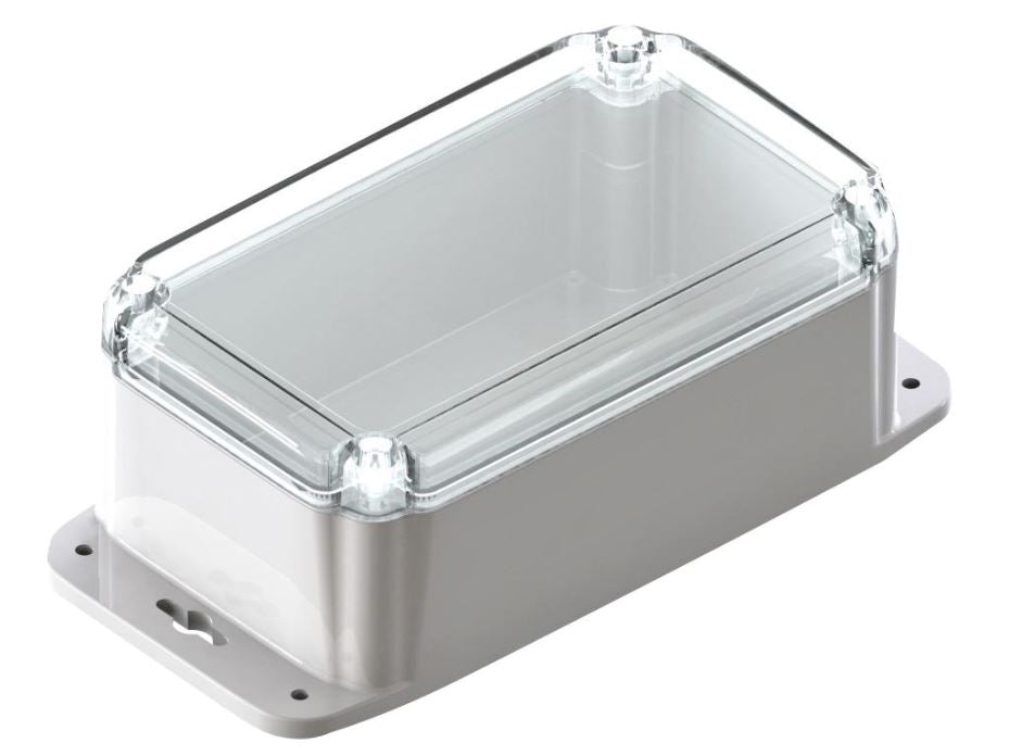 IP66 Polycarbonate Wall Mount Flanged Enclosure with Clear Lid - 193.8x117.6x78.5mm