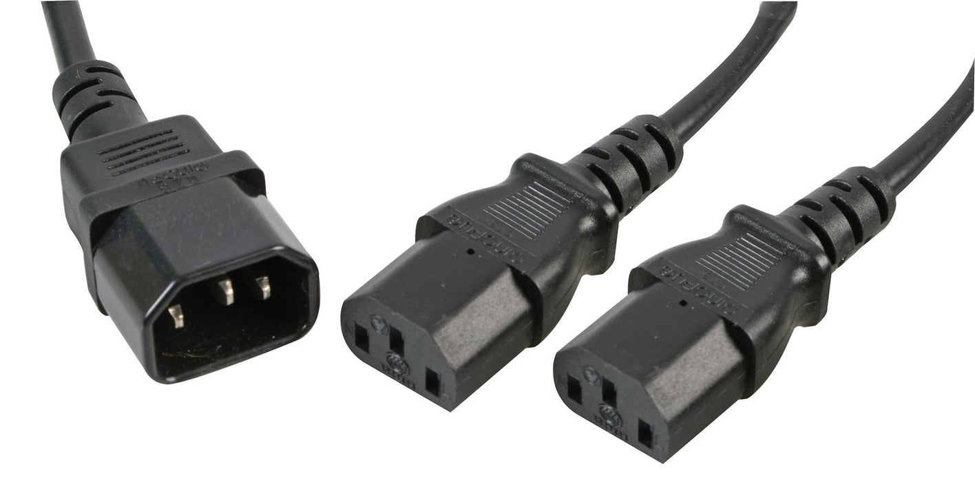 IEC Splitter, C14 Male to 2 x C13 Sockets Y Power Lead 1m Black