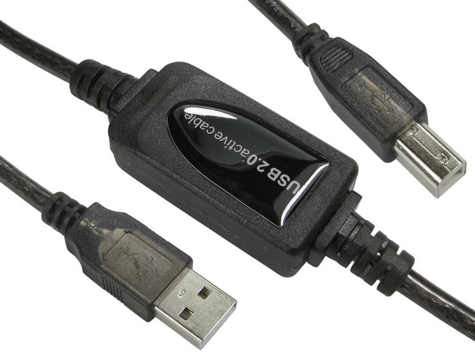 USB 2.0 A Plug to B Plug Active Booster Lead, 10m