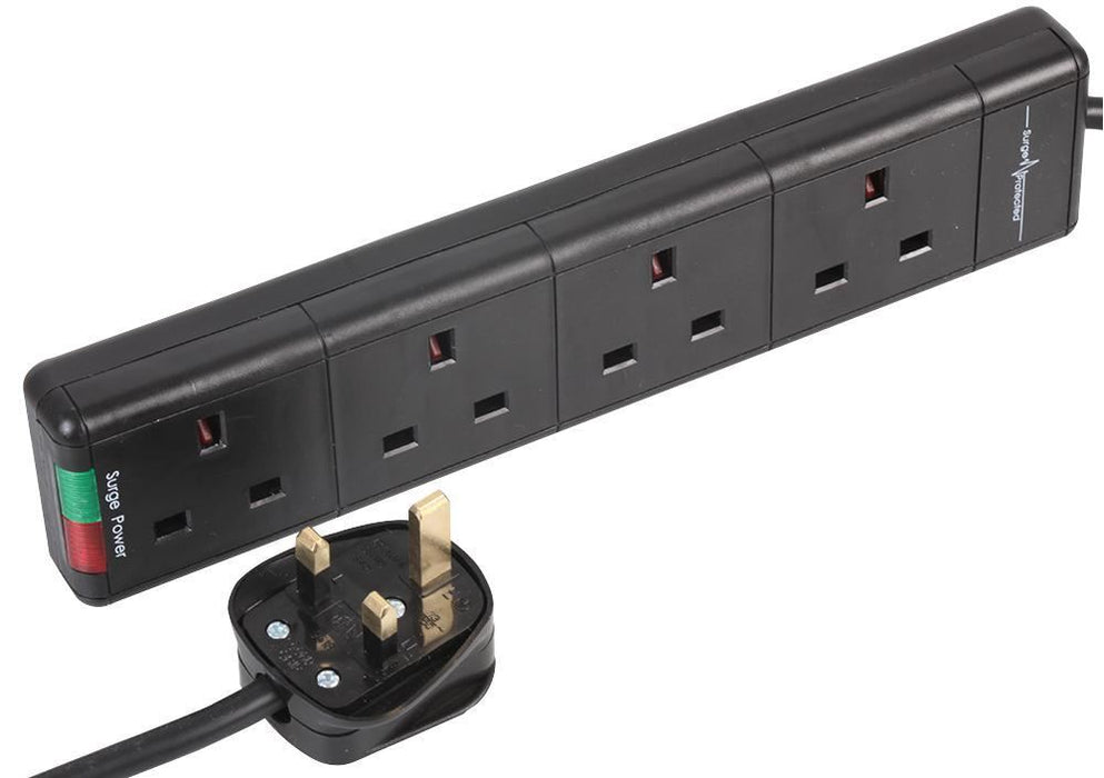 4-Gang Surge Protected Extension Lead, Black, 5m Lead