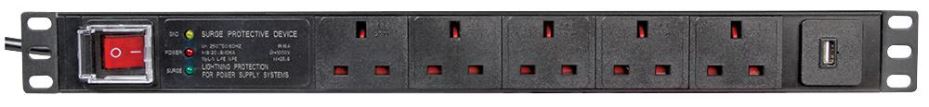 5 Way UK + USB PDU with UK Plug and Surge Protection, 19" 1U