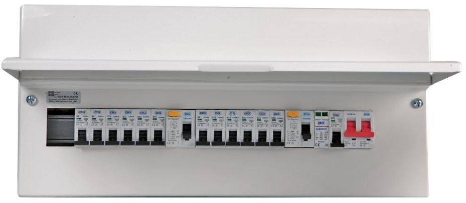 14-Way Populated Dual RCD Consumer Unit, 100A Switch, 1x 63A & 1x 80A, 30mA RCDs, 12x MCBs, Type A, Surge Protection Device